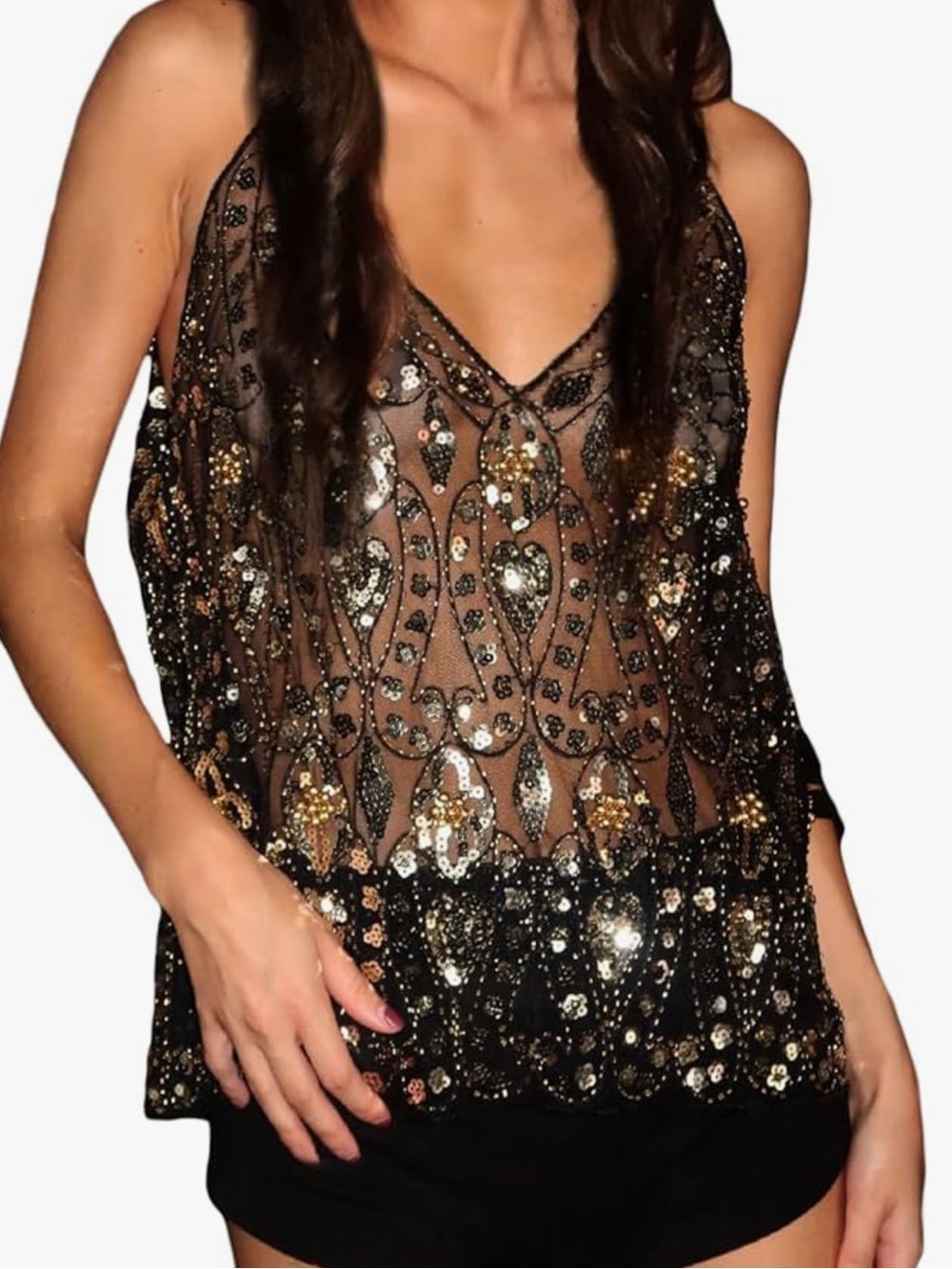 Black Sequin V-Neck Tank Top